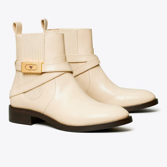 Tory Burch T-HARDWARE CHELSEA BOOT Cream Beige Dulce de Leche 10 Booties - Picture 1 of 10